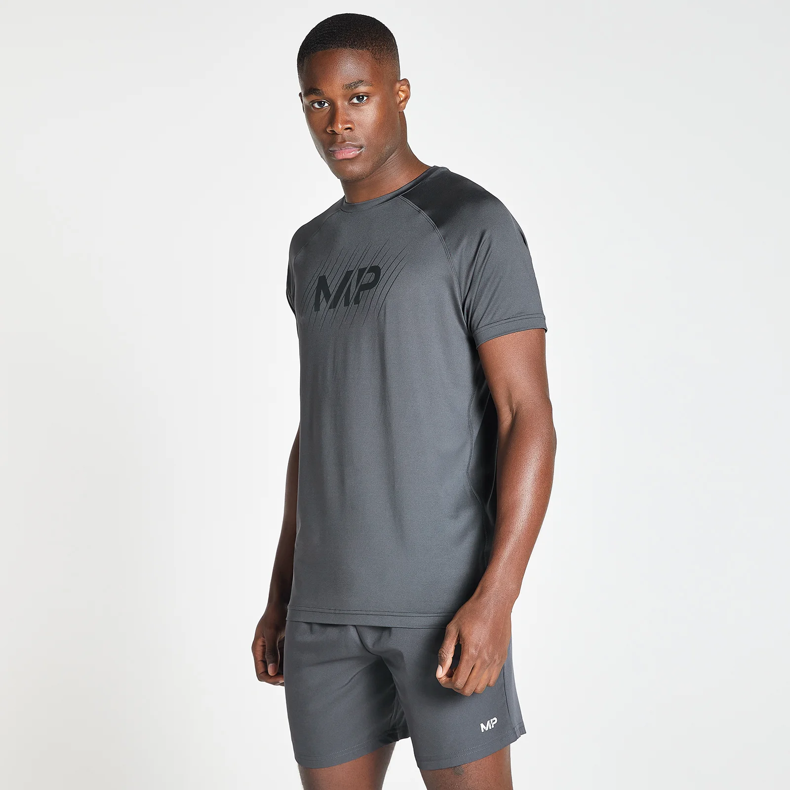 MP Men's Linear Line Graphic Essentials Training Short Sleeve T-Shirt - Gun Metal - XXS Obraz 1