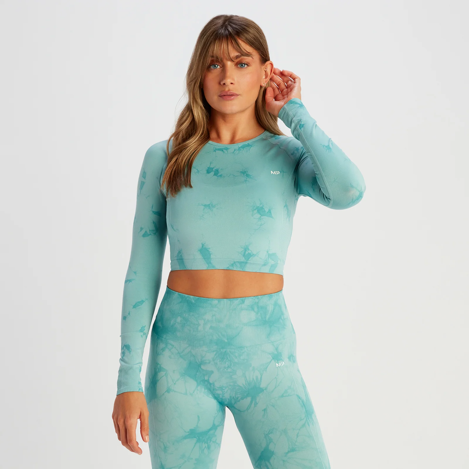 Damski krótki T-shirt bezszwowy z długim rękawem z kolekcji Shape MP – Dusk Blue z efektem tie-dye - XS Obraz 1