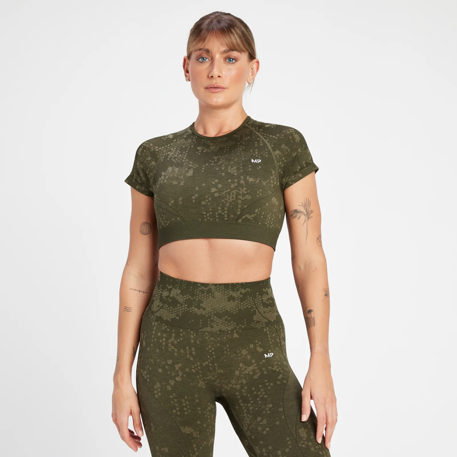 Damska krótka koszulka bezszwowa ze wzorem z kolekcji Adapt MP – Olive Green - XS Obraz 1
