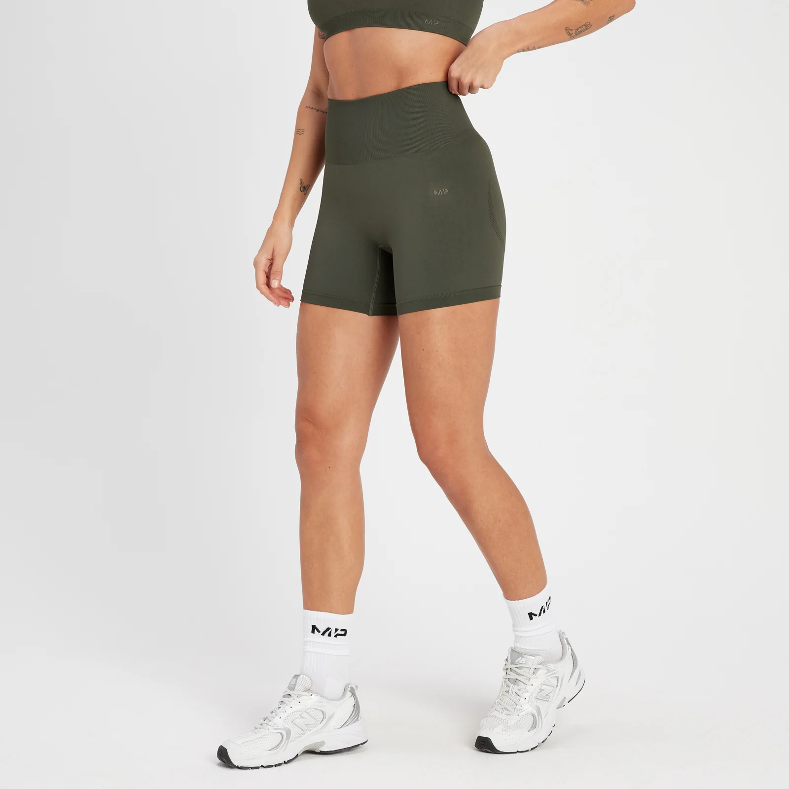 Damskie bezszwowe krótkie spodenki z kolekcji Rest Day MP – Taupe Green - XS Obraz 1