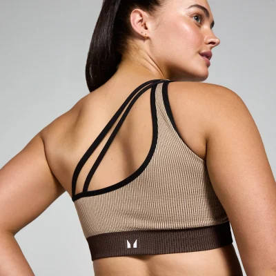 Damski bezszwowy stanik sportowy z prążkowanej tkaniny z kolekcji Contrast MP – Cashmere/Espresso - XL Obraz 6