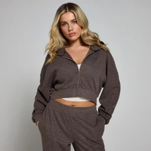 Damska bluza z kapturem i zapięciem na suwak z miękkiego w dotyku materiału z kolekcji MP – czekoladowa - Size XS