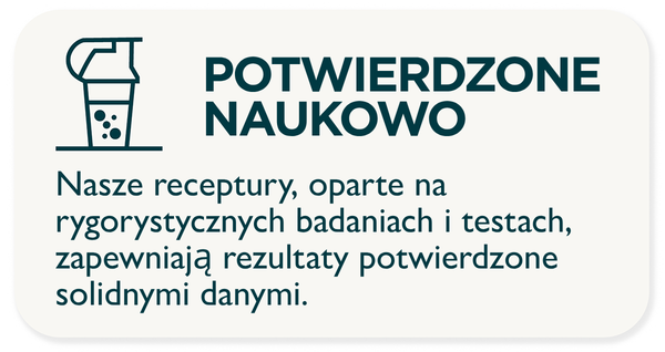 POTWIERDZONE NAUKOWO -Nasze receptury, oparte na rygorystycznych badaniach i testach, zapewniają rezultaty potwierdzone solidnymi danymi.